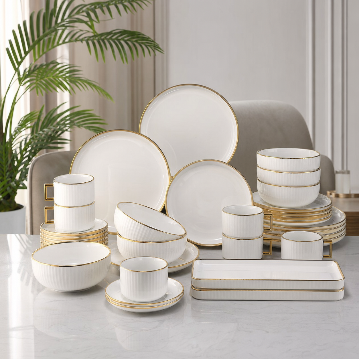 White and gold ceramic dinnerware set with gold rim and marble pattern