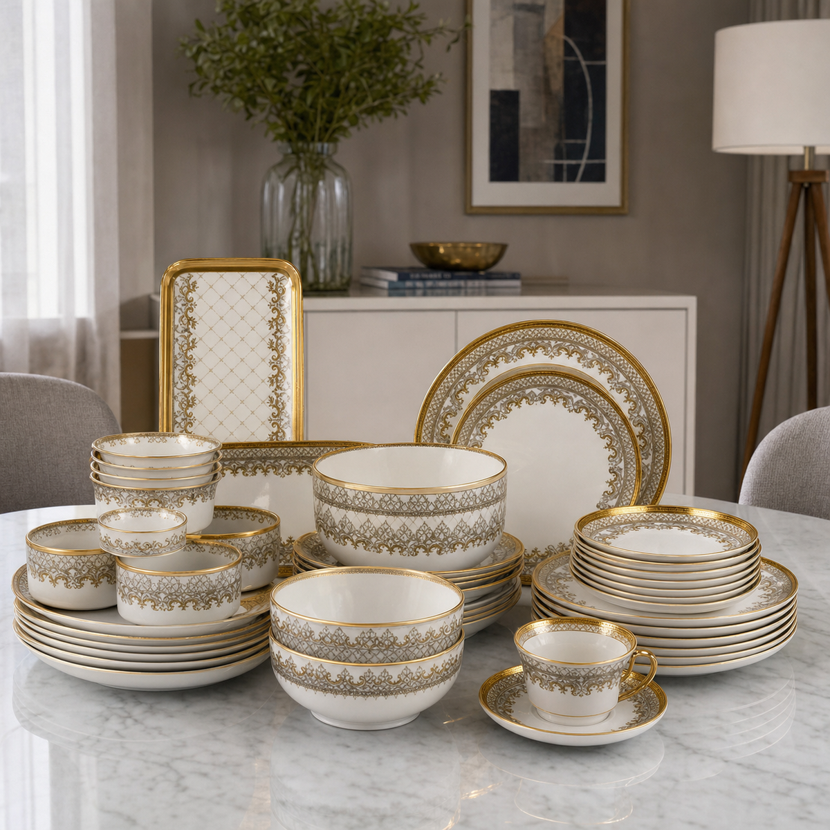 White ceramic dinnerware set with gold rims and gold scrollwork bands on a marble table