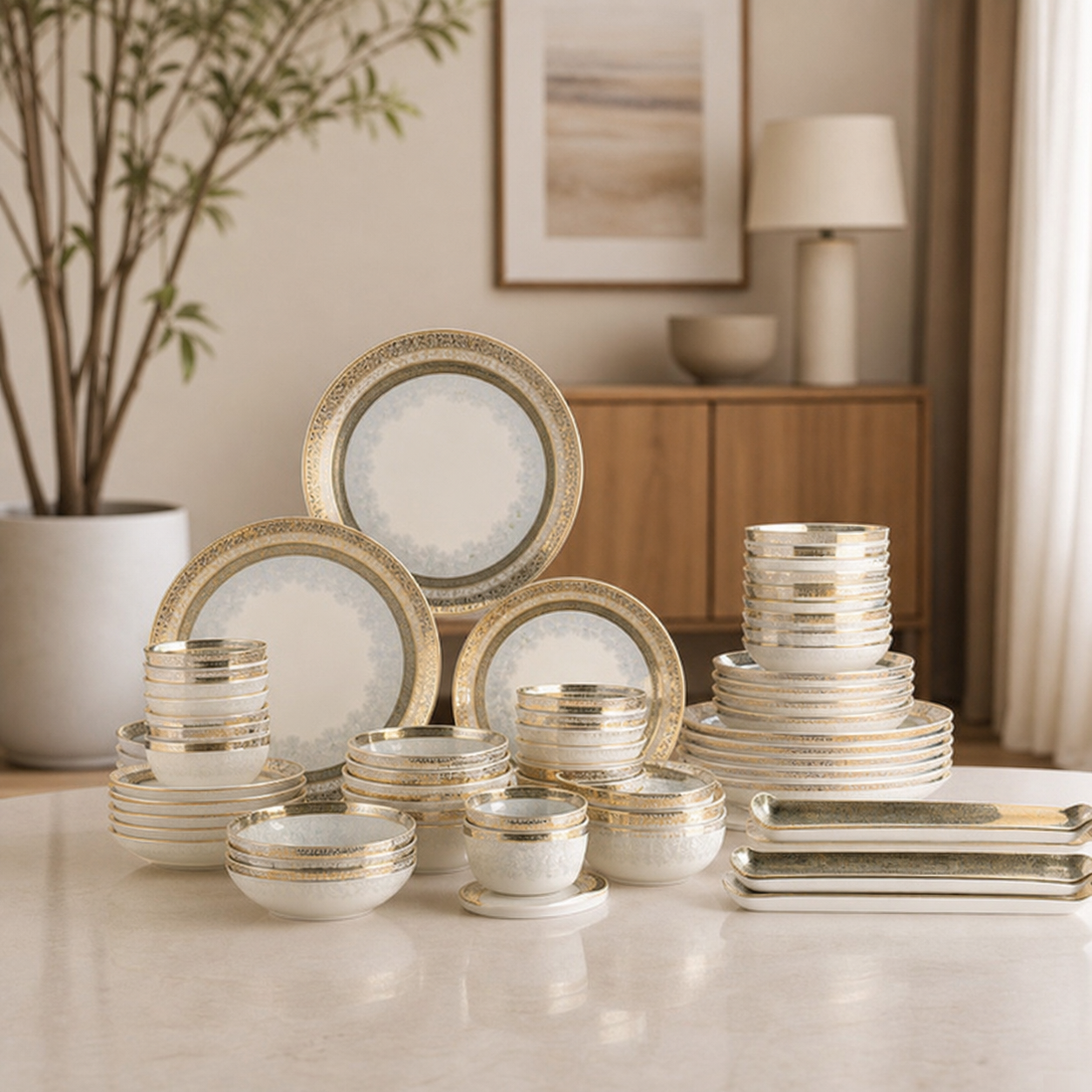 Ivory and gold ceramic dinnerware set on a dining table with plates, bowls and rectangular platters