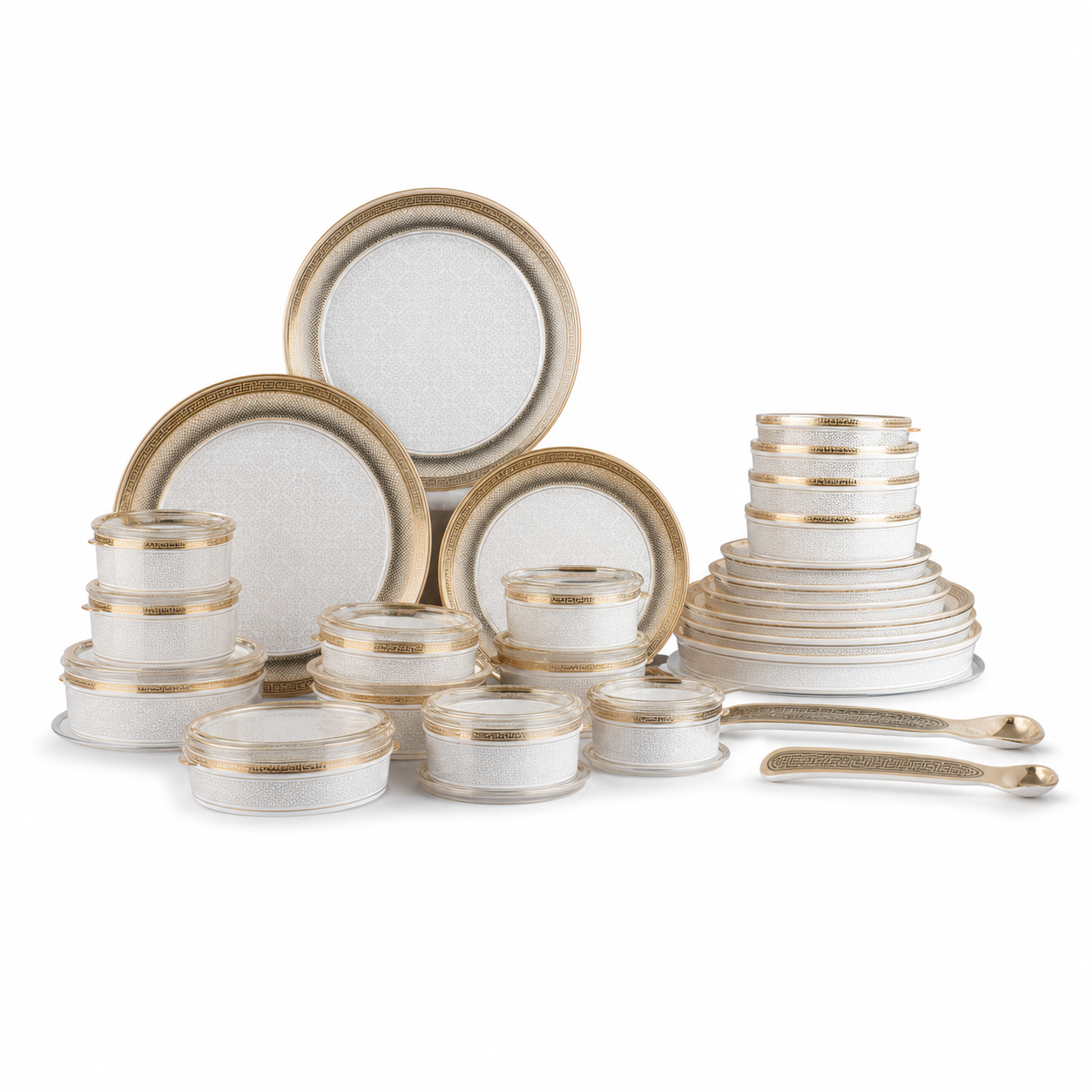 Ivory ceramic dinnerware set with wide brushed-gold rim bands and a fine Greek-key border, plates and lidded bowls