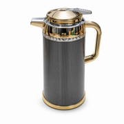 Grey fluted insulated flask with gold-tone lid, handle and base, faceted band below the collar