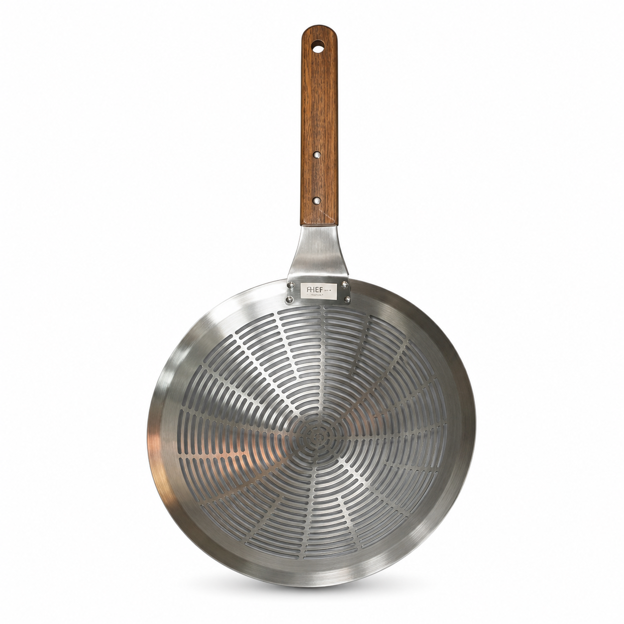Round perforated stainless steel plate with radial slots and a long riveted wooden handle