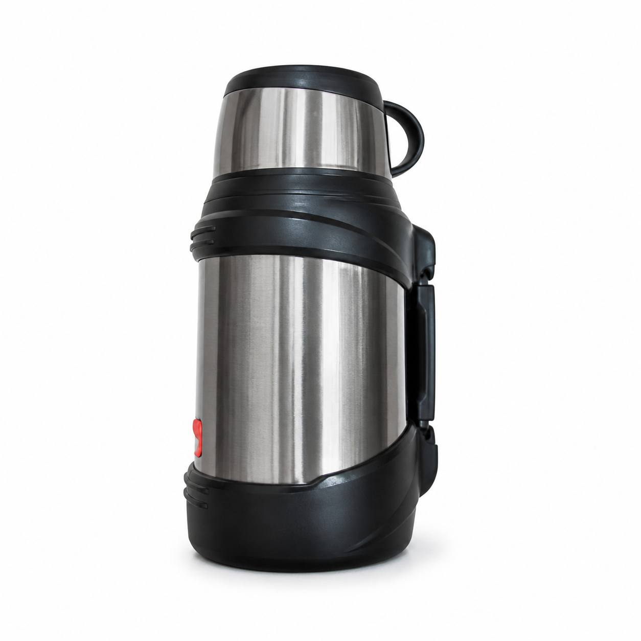 Brushed stainless steel travel thermos with black collar, base and side carry handle