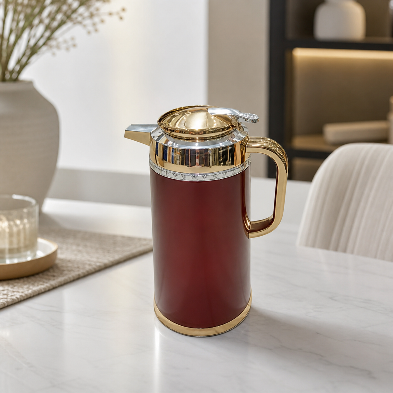 Deep red insulated flask with gold-tone lid and handle standing on a marble table