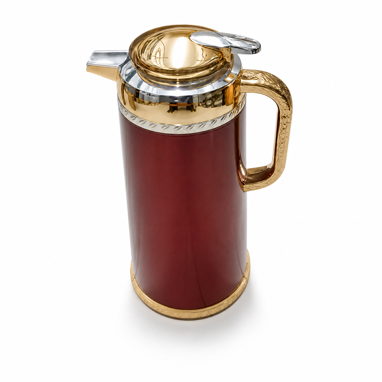 Deep red insulated flask with gold-tone lid, side handle and base ring on a white background
