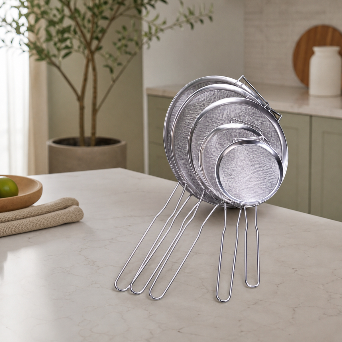 Five graduated fine-mesh metal strainers stacked on a kitchen counter, wire loop handles fanned out.
