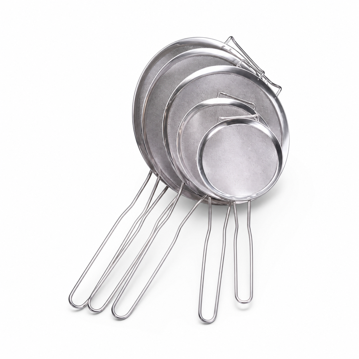 Nested set of five round fine-mesh metal strainers with long wire loop handles, on a white background.