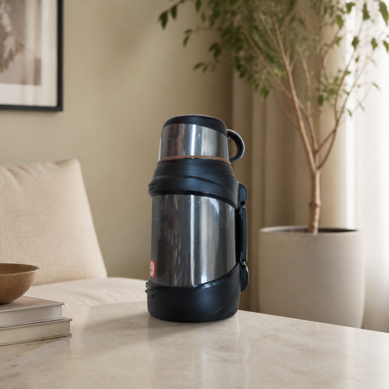 Stainless steel flask with black trim on a side table in a living room