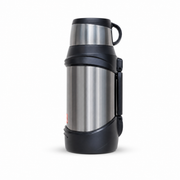 Brushed stainless steel flask with black collar, base cap and side carry handle