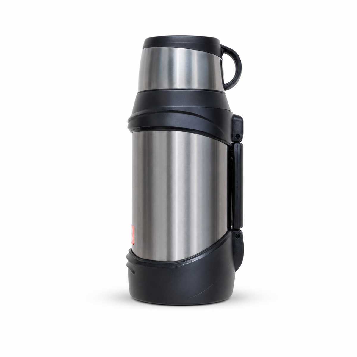 Brushed stainless steel flask with black collar, base cap and side carry handle