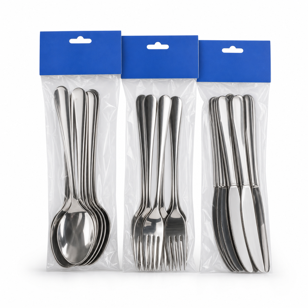 Three sealed bags of plain silver-tone stainless steel cutlery: spoons, forks and knives, on white