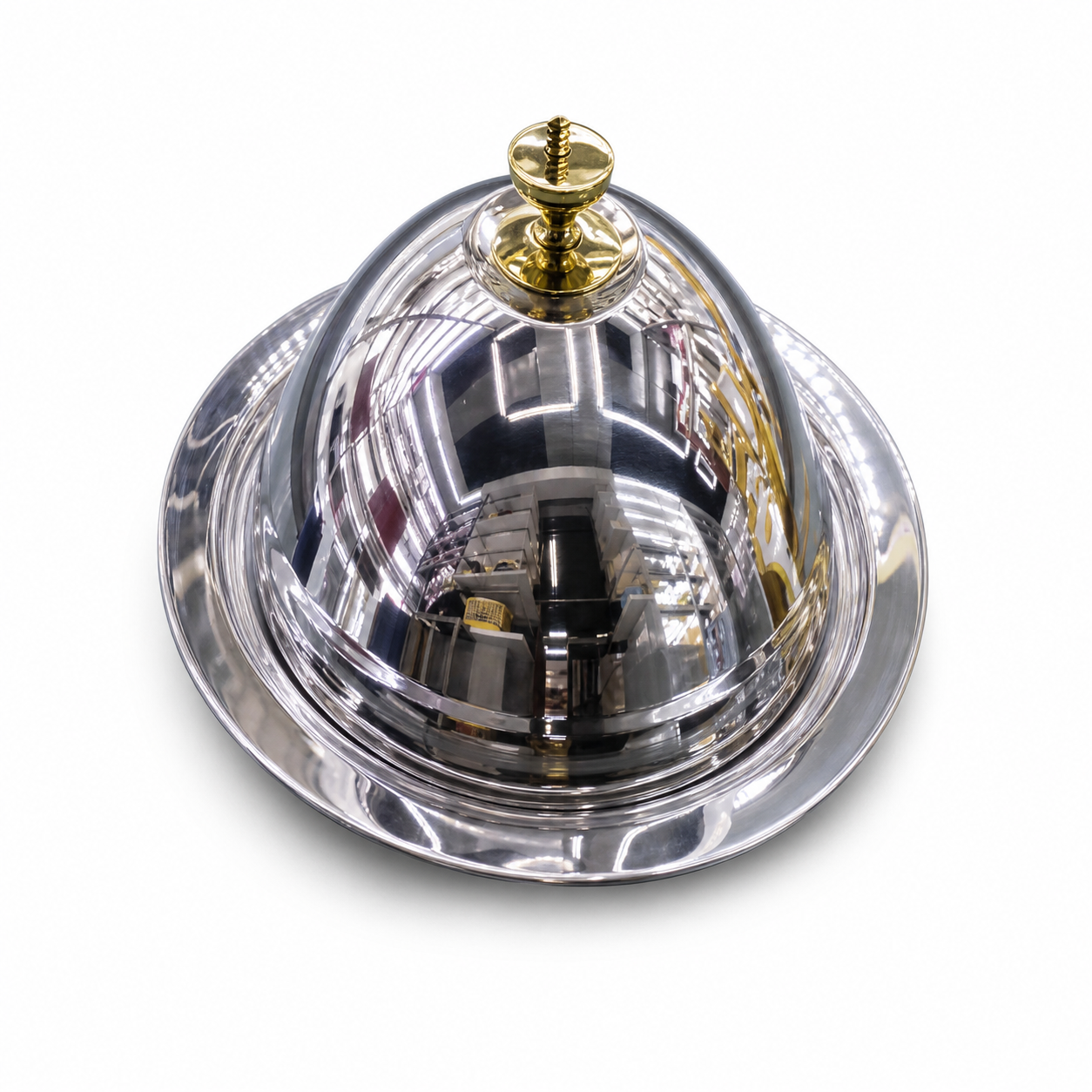 Silver stainless steel round tray with cover and gold-tone knob, 47 to 57 cm