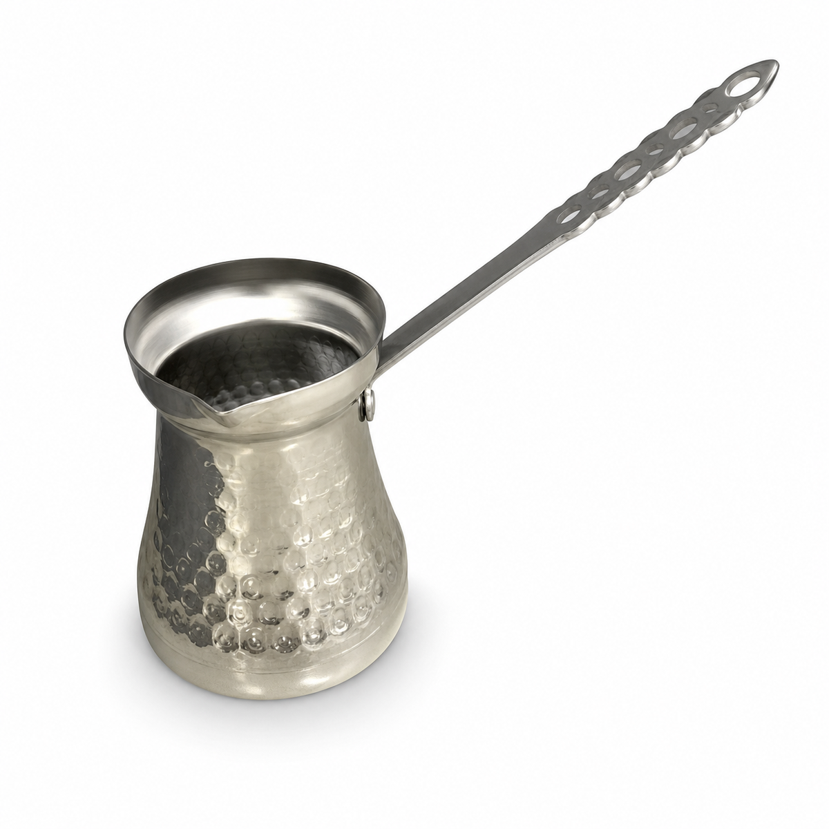 Hammered silver stainless steel coffee pot, open top with pouring lip and long pierced handle