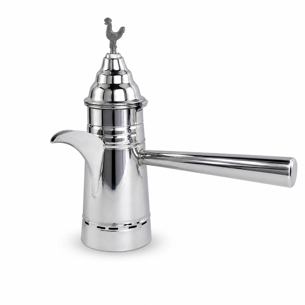 Polished silver coffee pot with long side handle, tiered lid and rooster finial