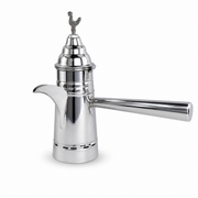 Polished silver coffee pot with long side handle, tiered lid and rooster finial