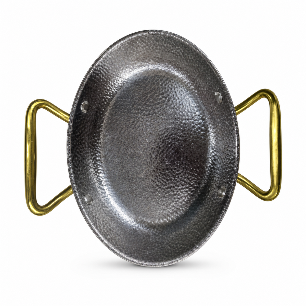 Silver stainless steel pot with gold-tone handles