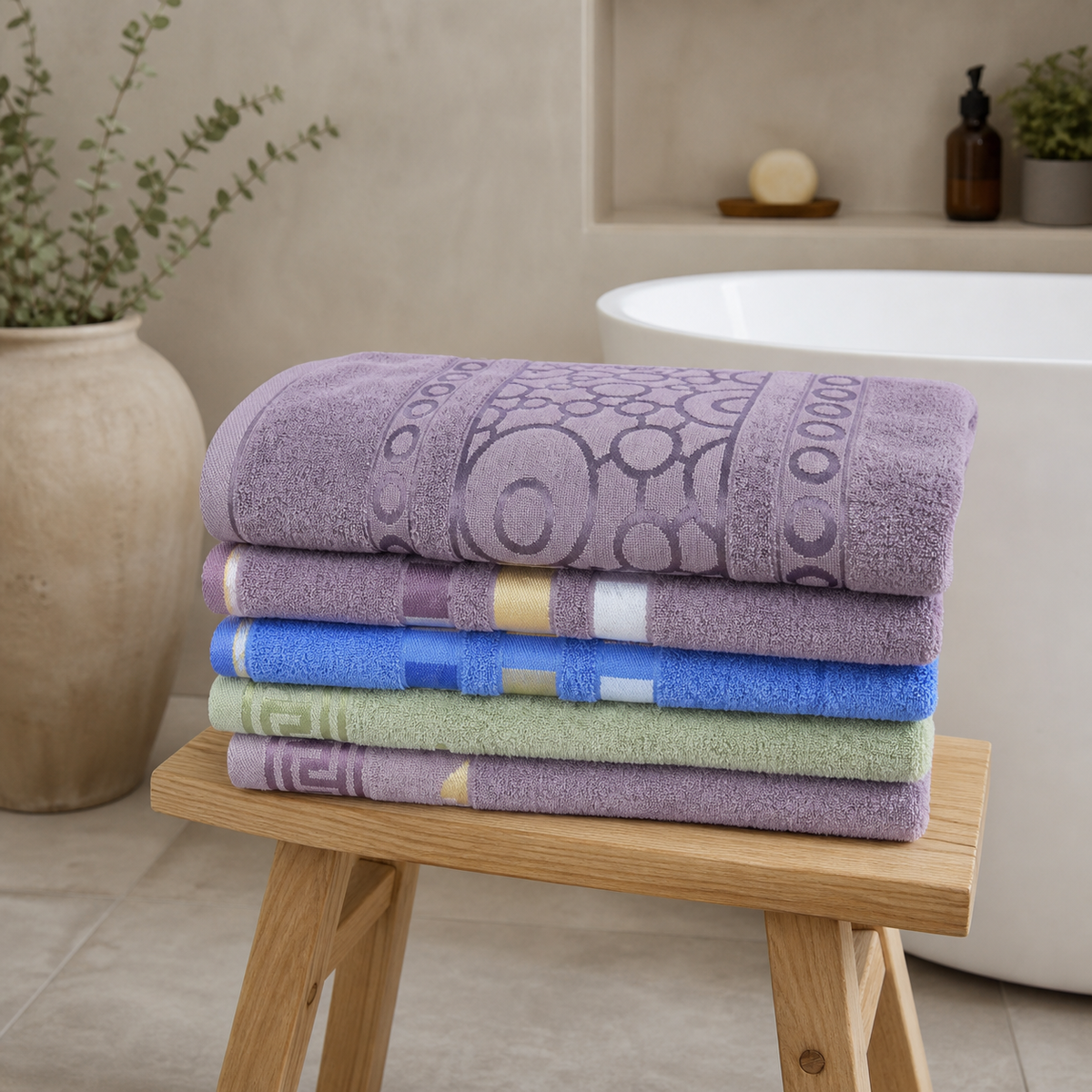 Folded stack of terry bath towels in lilac, taupe, blue and sage green on a wooden bathroom stool