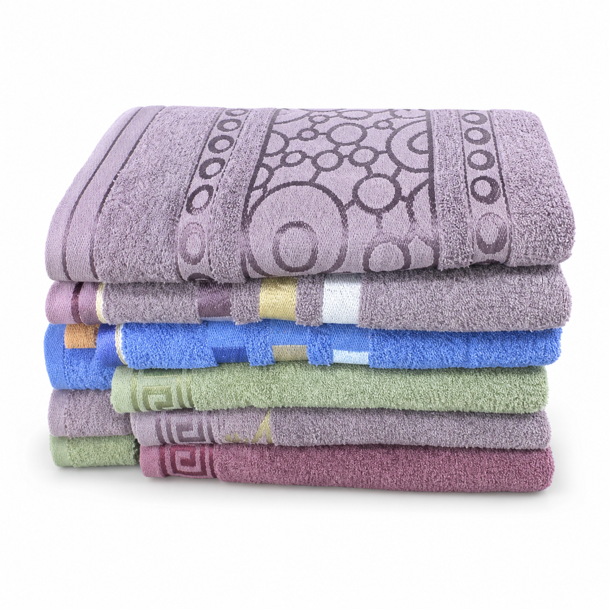 Stack of six terry bath towels in lilac, taupe, blue, sage green and plum with woven border bands