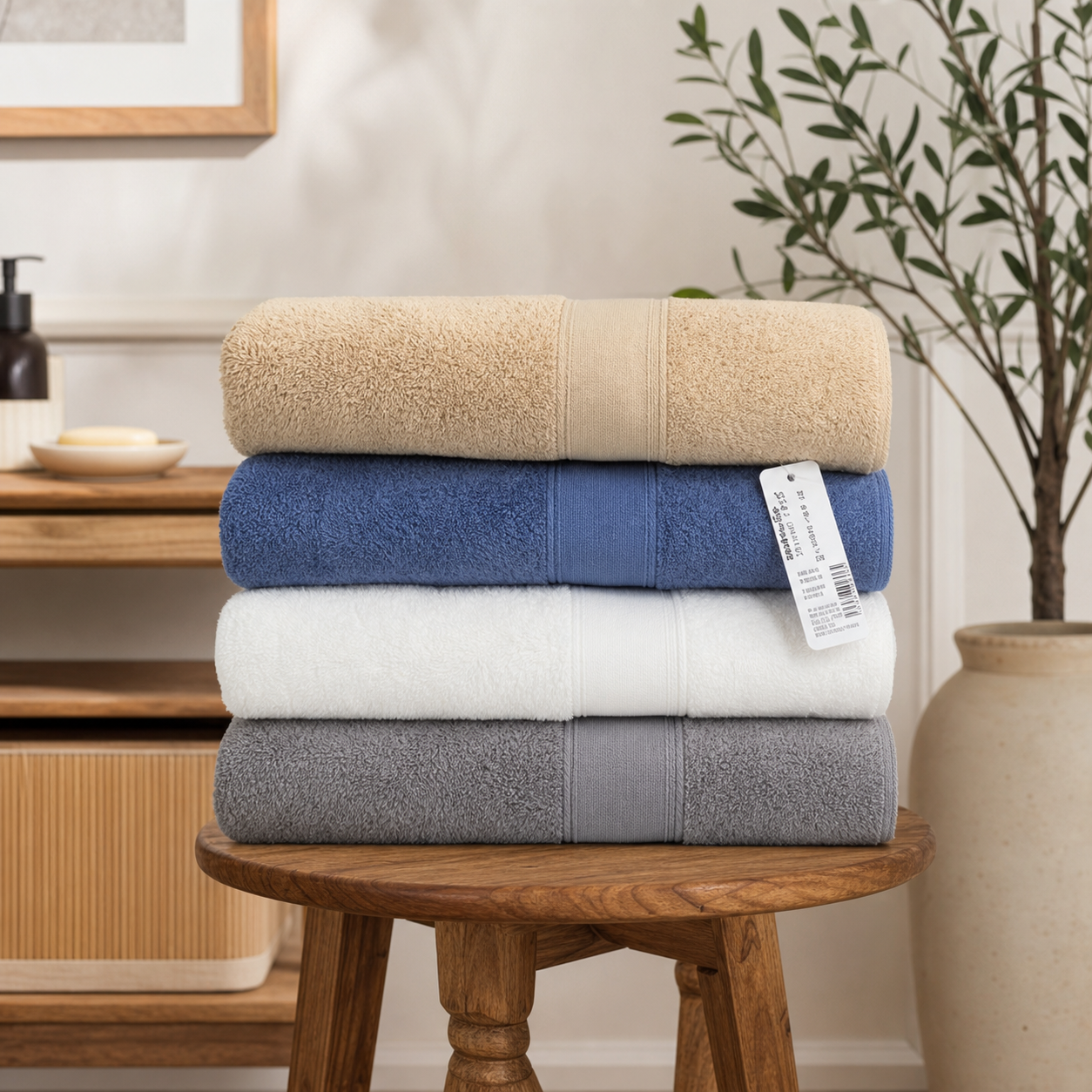 Beige, blue, white and grey terry bath towels folded in a stack on a wooden stool