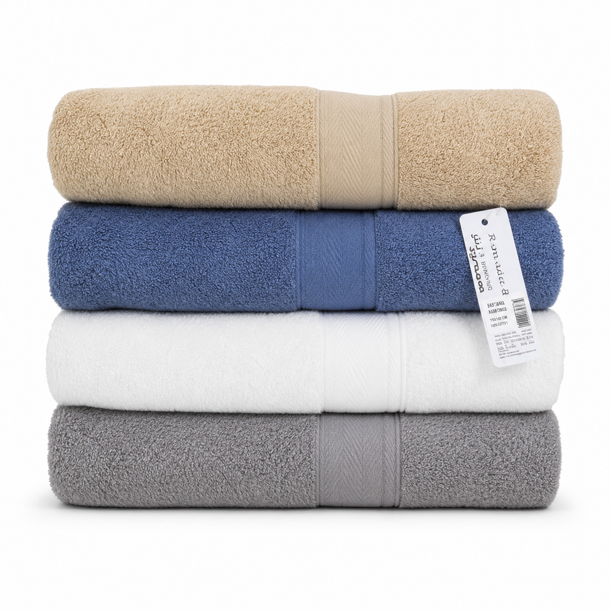 Terry bath towel colour options: four folded towels in beige, blue, white and grey