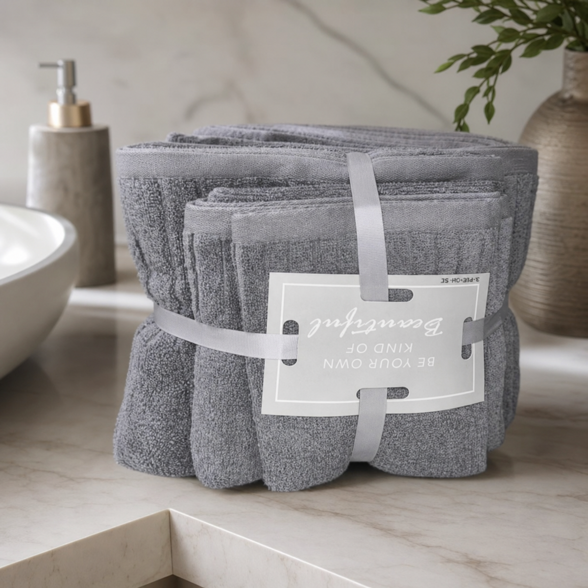 Grey terry towel set with a ribbon band on a marble bathroom counter beside a soap dispenser