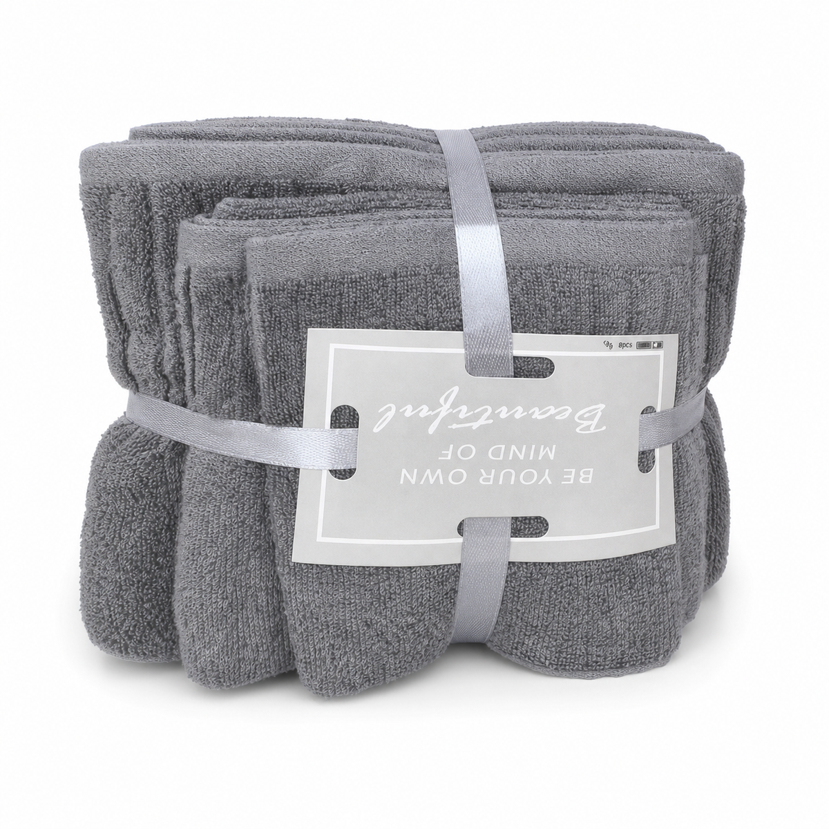 Grey terry towel set bundled with ribbon ties and a printed paper band, on a white background