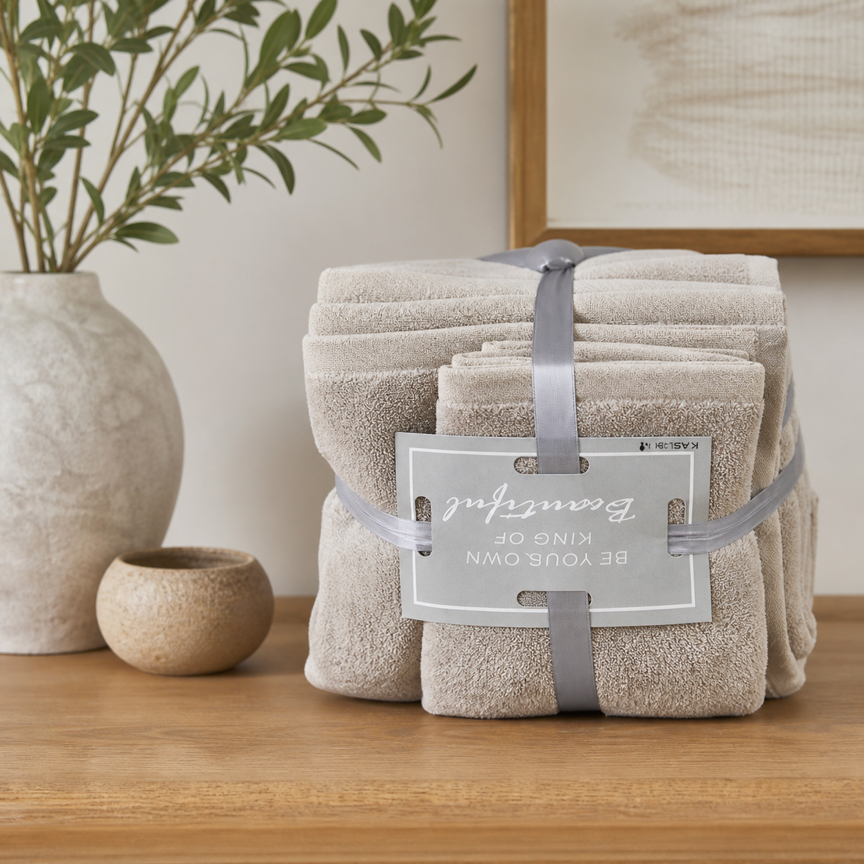 Banded three-piece beige terry towel set on a wood console beside a ceramic vase and greenery