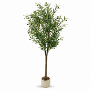 Artificial olive tree with green leaves and small olives in a round beige planter, on white