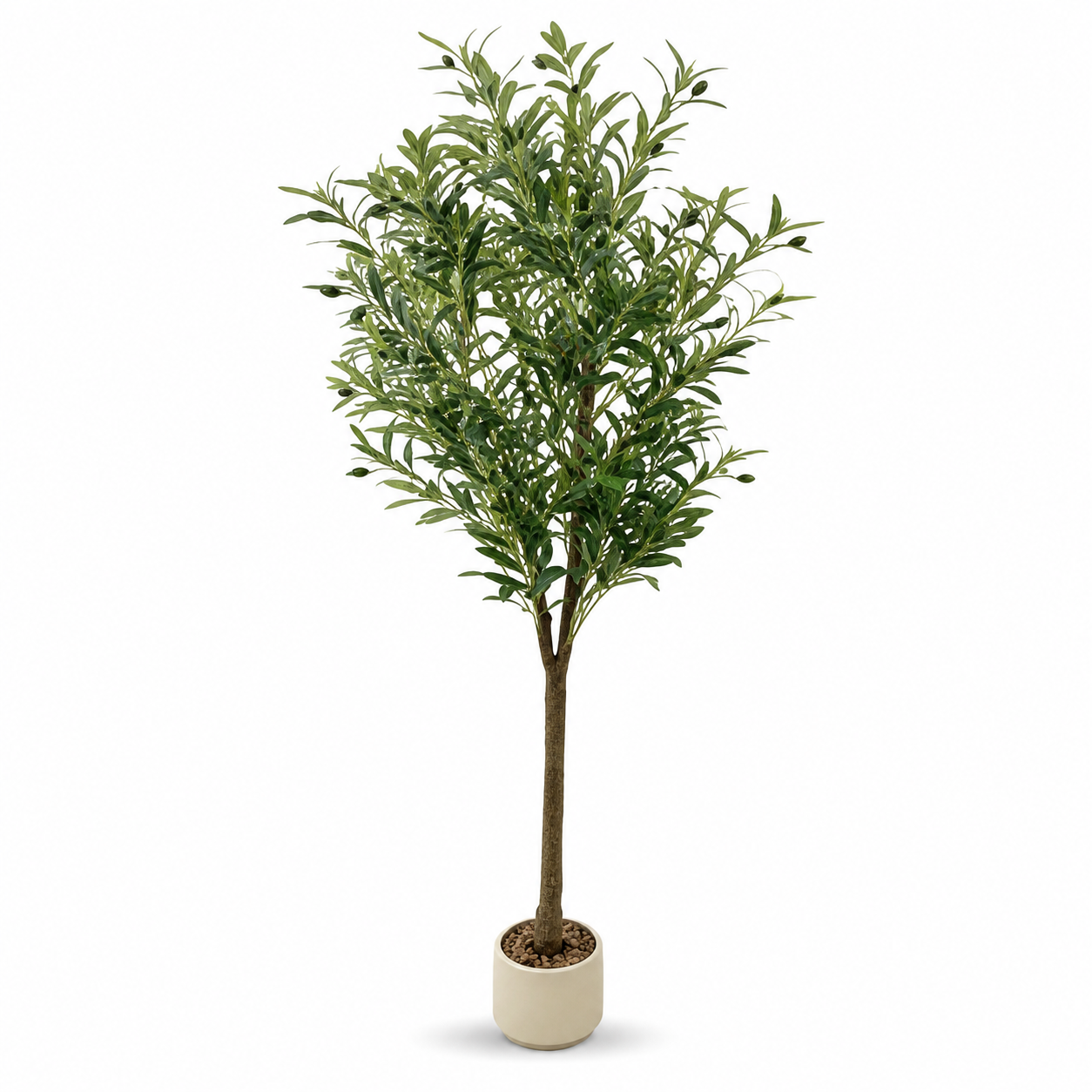 Artificial olive tree with green leaves and small olives in a round beige planter, on white