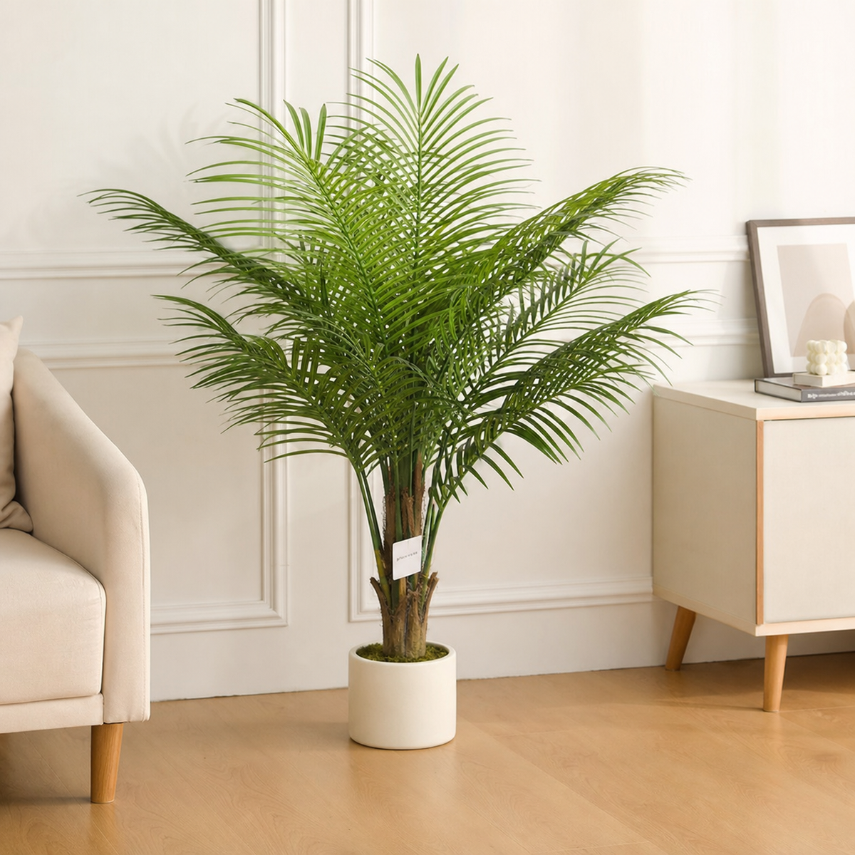 Artificial palm plant with green fronds in a white vase, 1.2 m tall