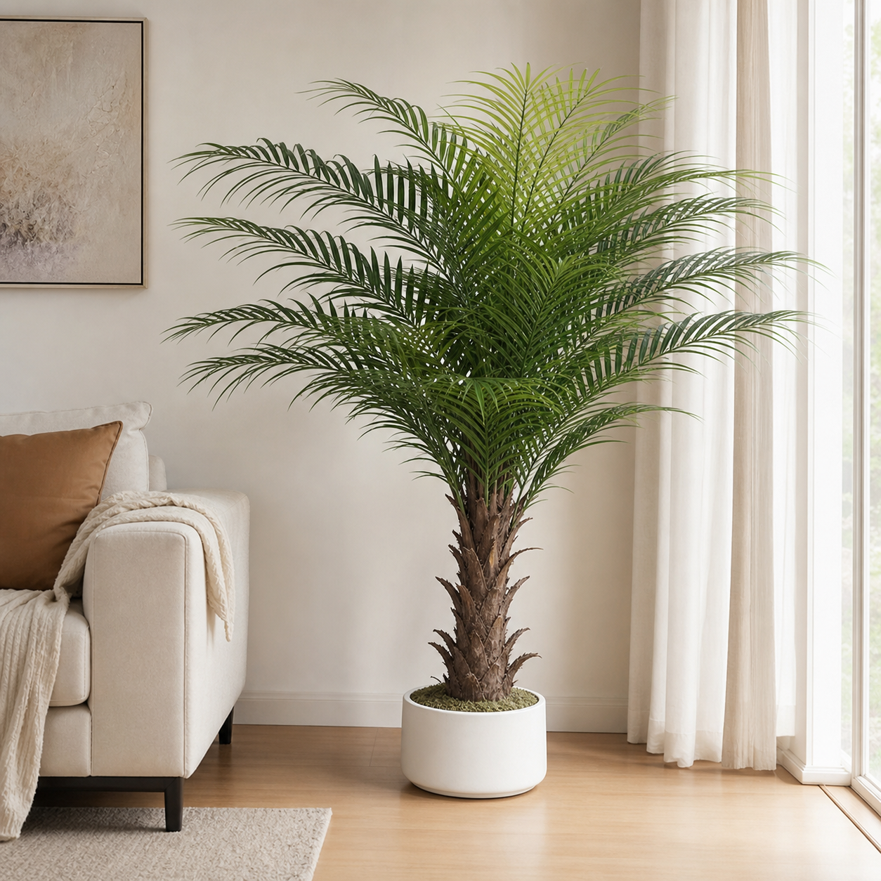 Artificial palm plant with green fronds in a white vase, 1.8 m tall