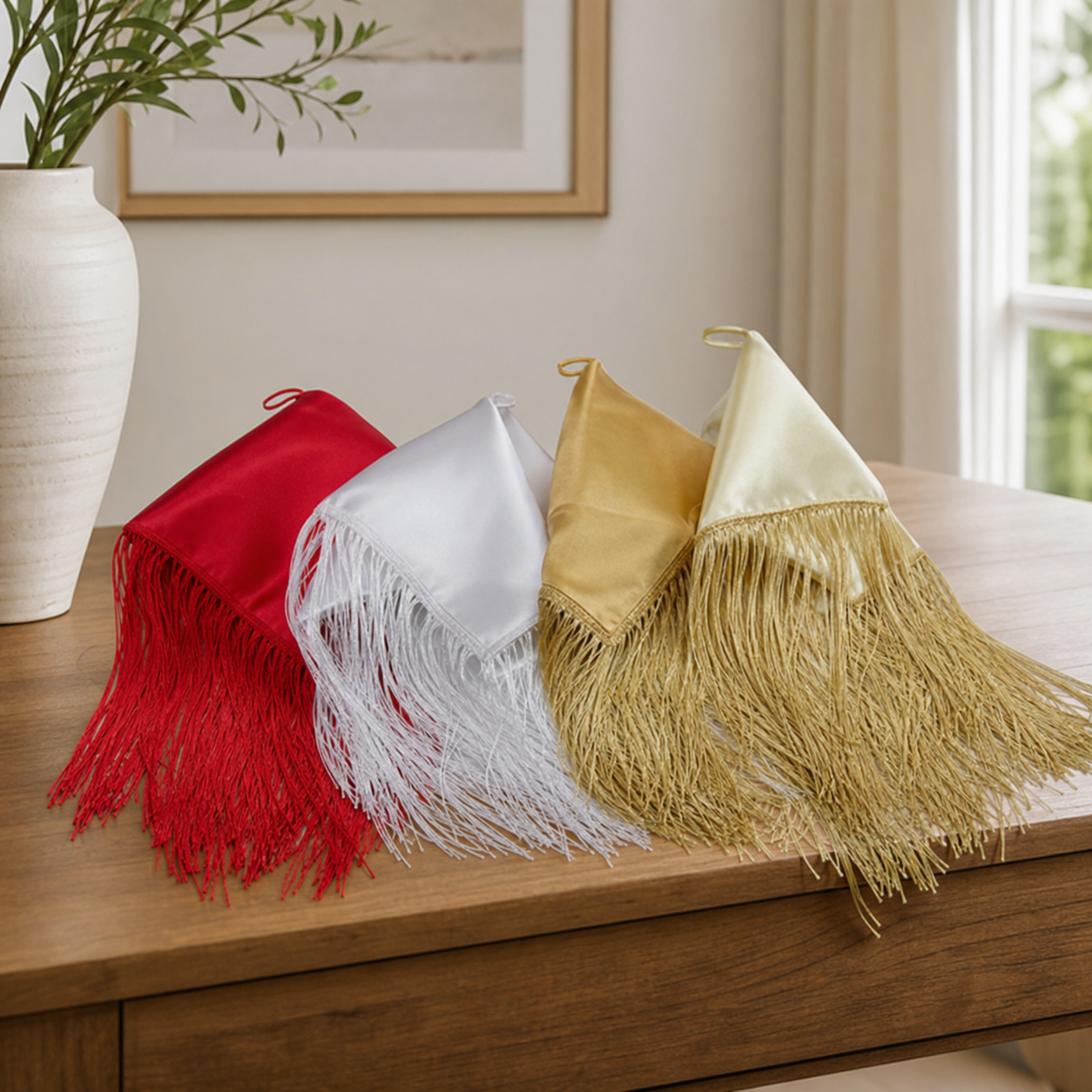Fringed satin dancing scarves in red, white and gold