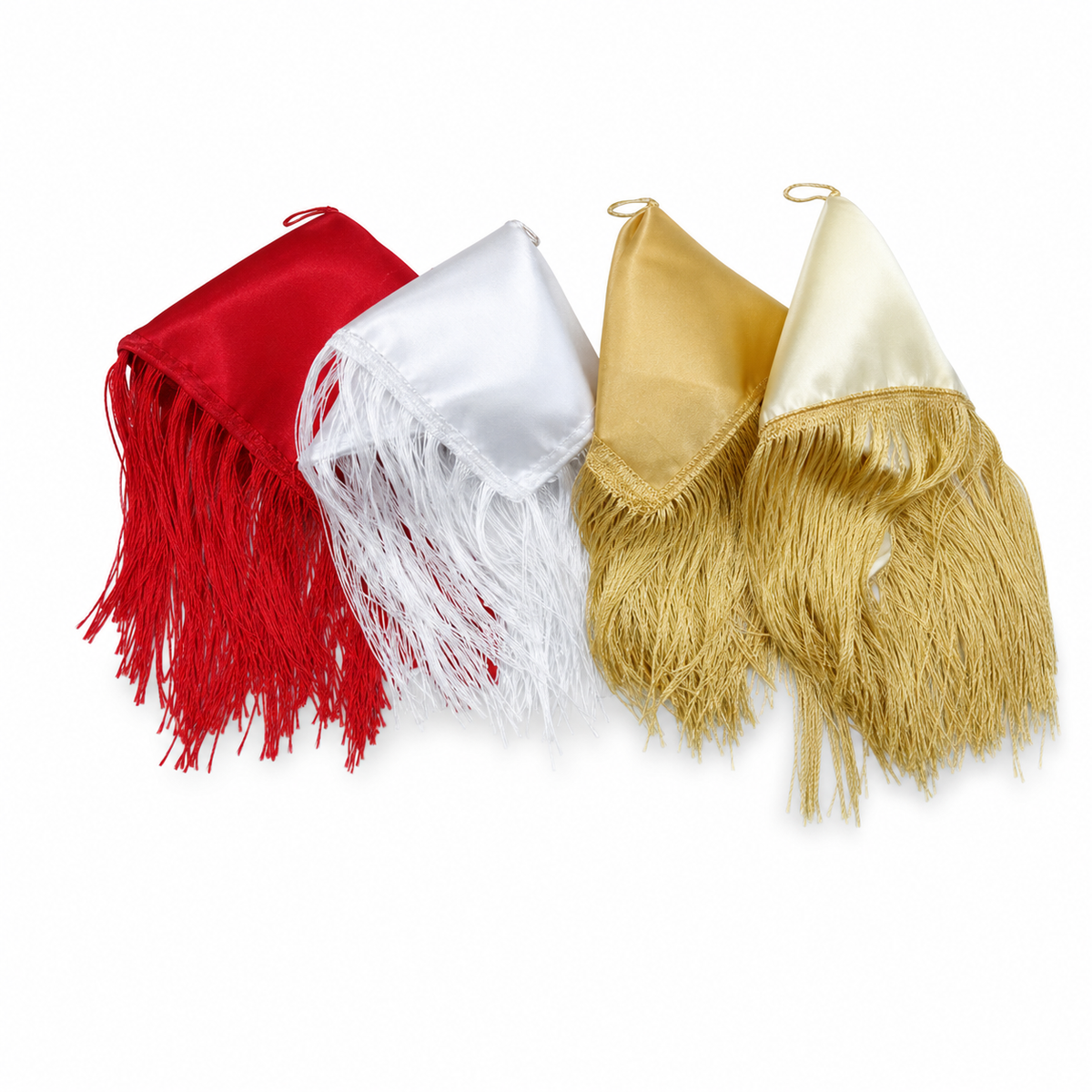 Fringed satin dancing scarves in red, white and gold