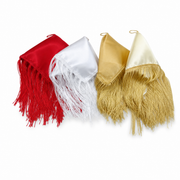 Fringed satin dancing scarves in red, white and gold