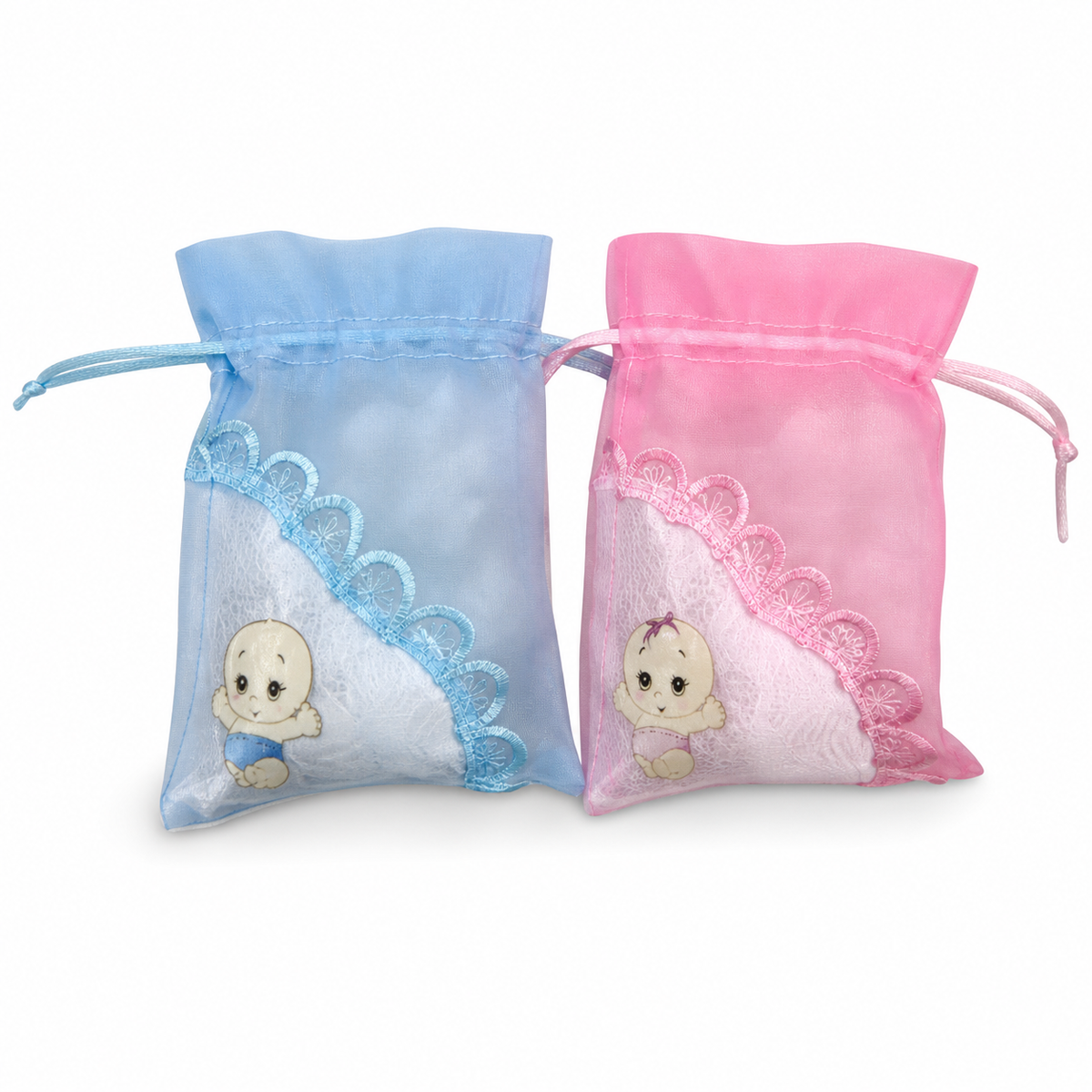 Light pink and light blue organza pouches with a baby motif and lace trim