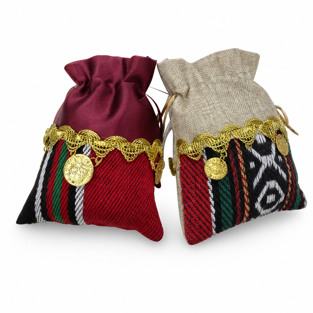 Embroidered fabric favor pouches in red and beige with gold-tone coin and trim