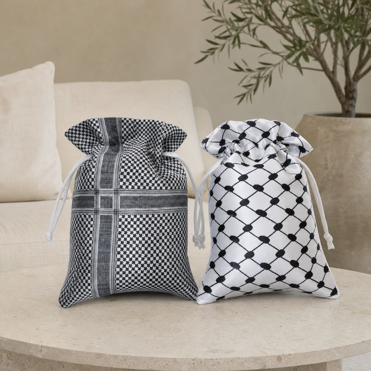 Keffiyeh-print favor pouches in black and white with drawstring
