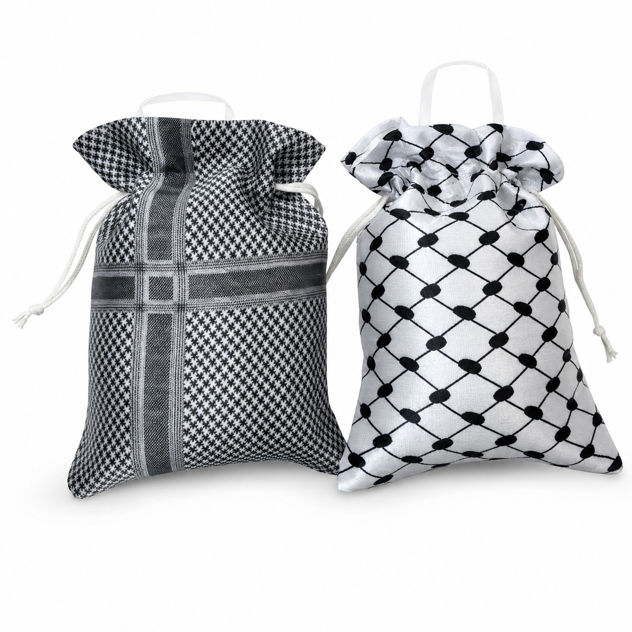 Keffiyeh-print favor pouches in black and white with drawstring