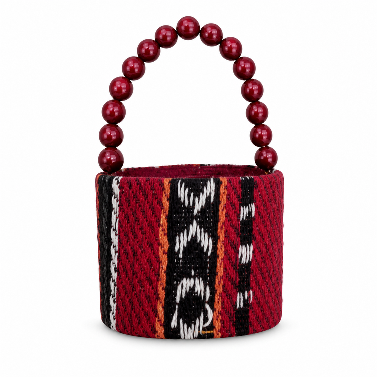 Woven embroidered favor basket with beaded handle in dark red, black and white