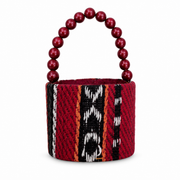 Woven embroidered favor basket with beaded handle in dark red, black and white