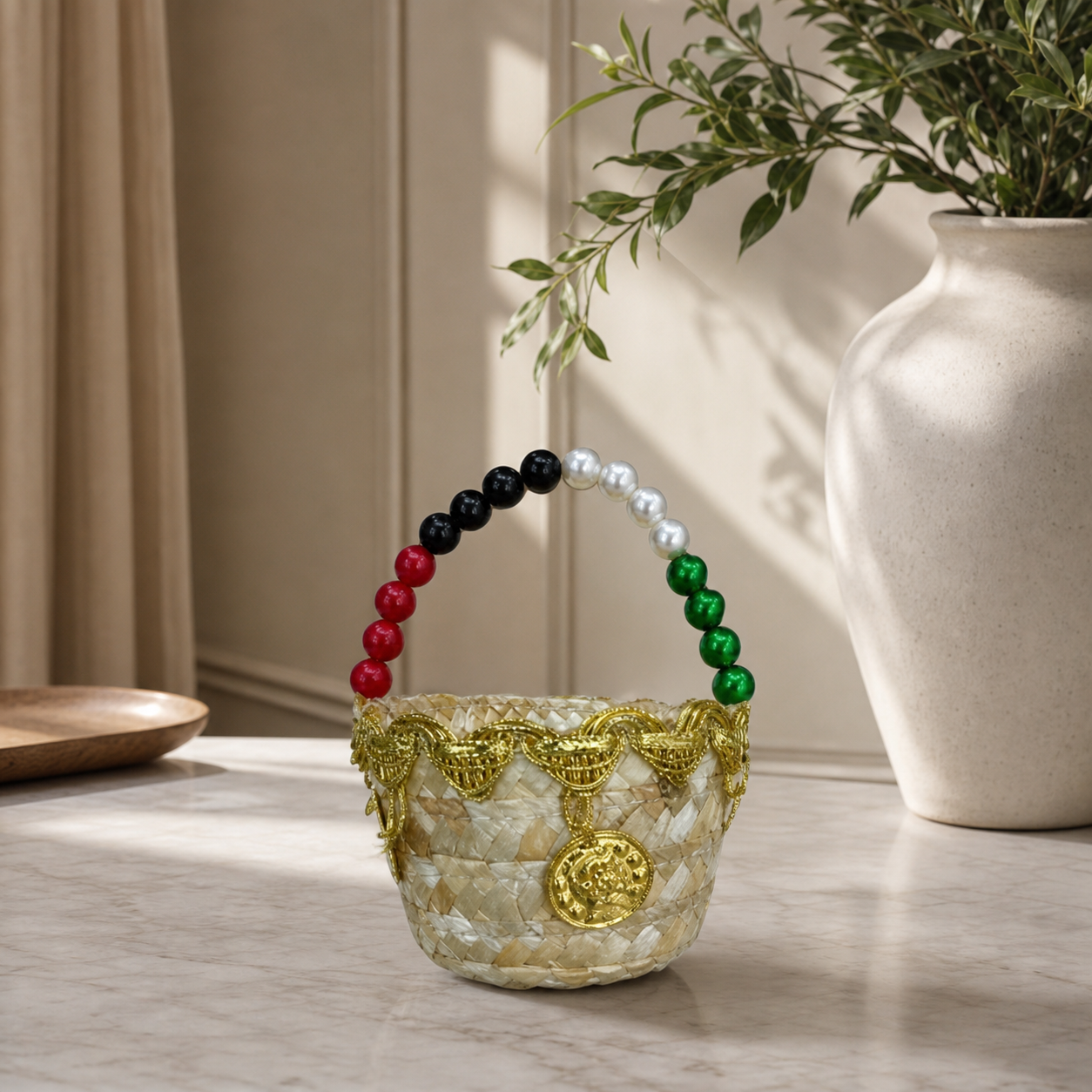 Plaited candy basket with beaded handle and gold coin charm on a marble console