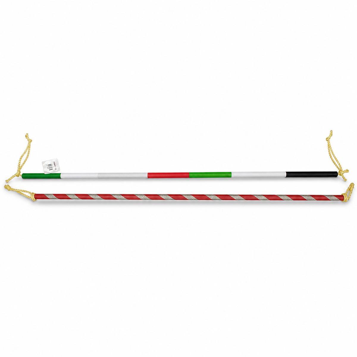 Decorative celebration sticks: one banded green, silver, red and black, one red with a silver spiral stripe
