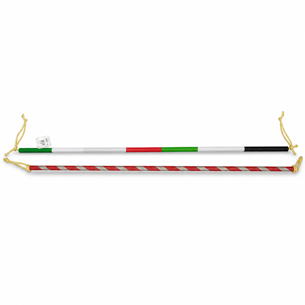 Decorative celebration sticks: one banded green, silver, red and black, one red with a silver spiral stripe