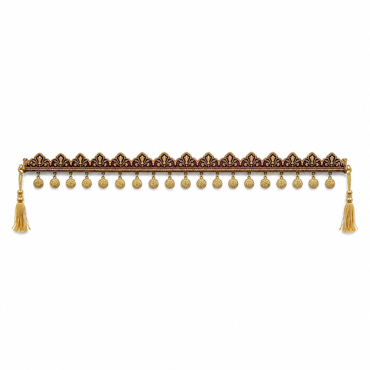 Burgundy and gold ornamental band with palmette crest, hanging coin medallions and end tassels