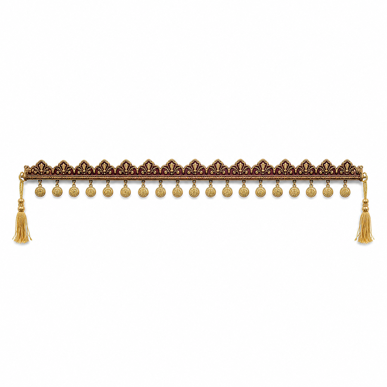 Burgundy and gold ornamental band with palmette crest, hanging coin medallions and end tassels
