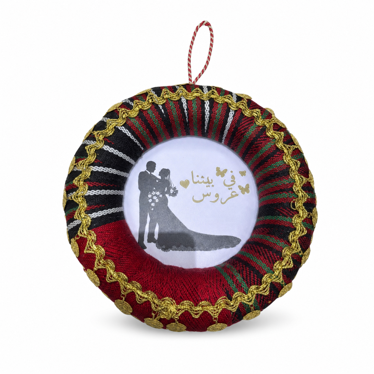 Pleated ribbon wedding rosette in red, black, green and white with gold braid edging