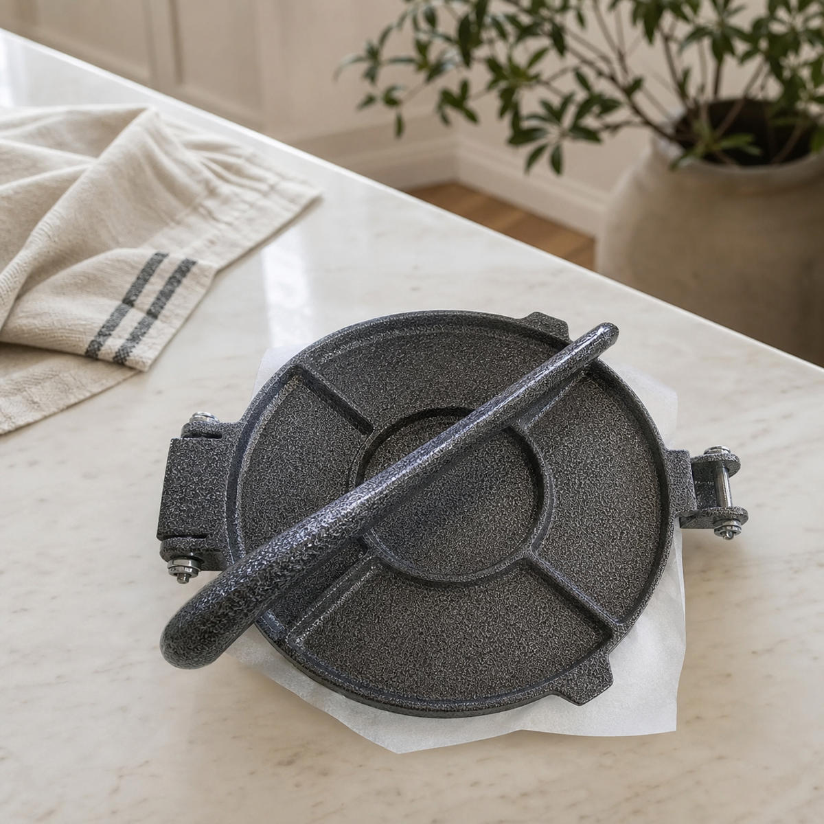 Dark grey cast metal tortilla press, 19 cm