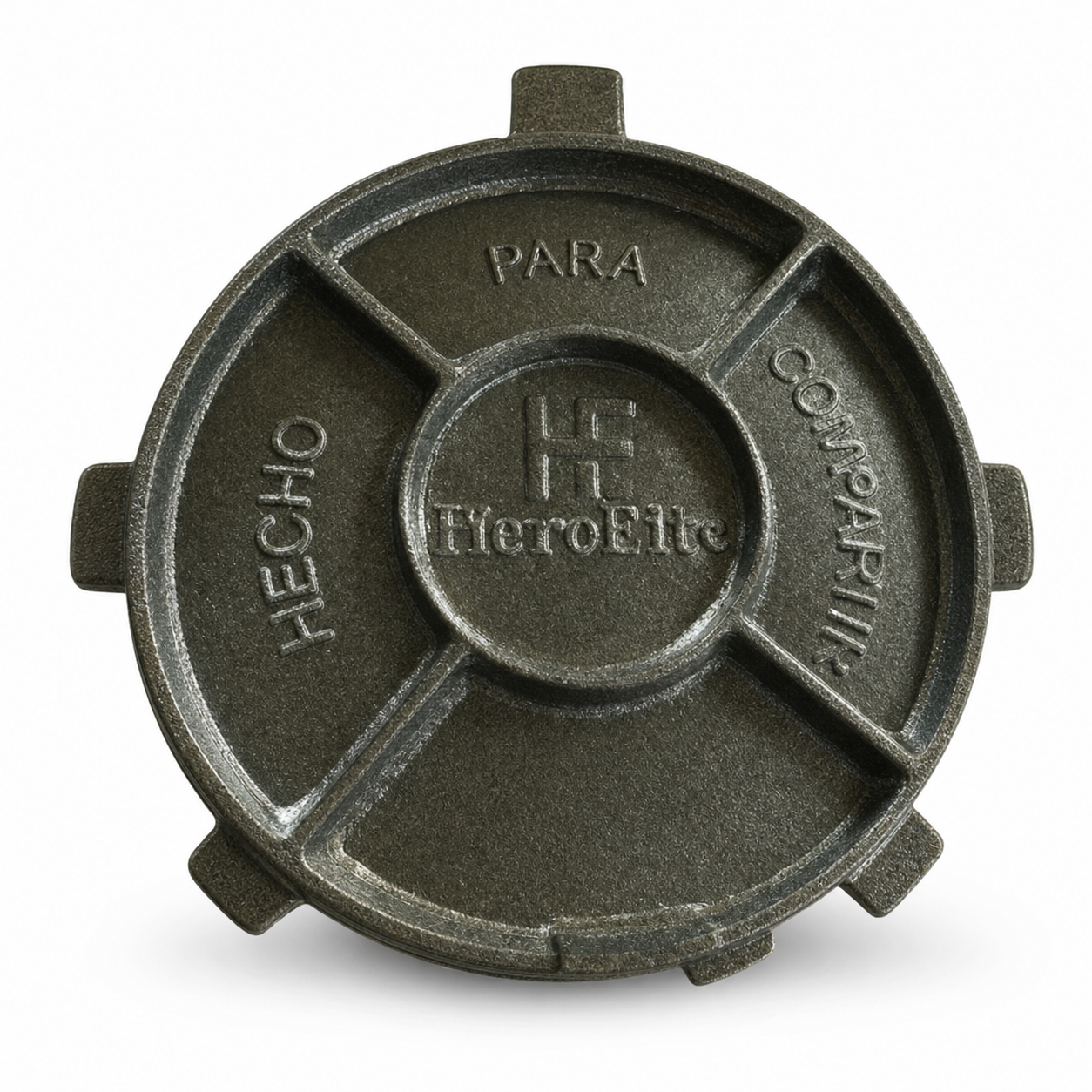 Round dark grey cast metal tortilla press top plate with embossed lettering, on white background