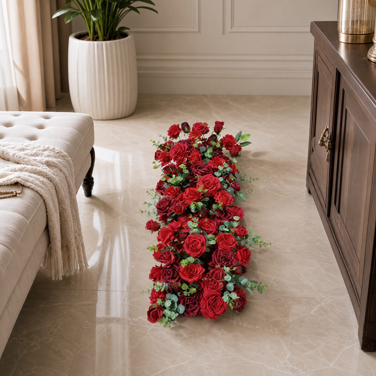 Artificial rose floral runner, 1 m, with red roses and green foliage