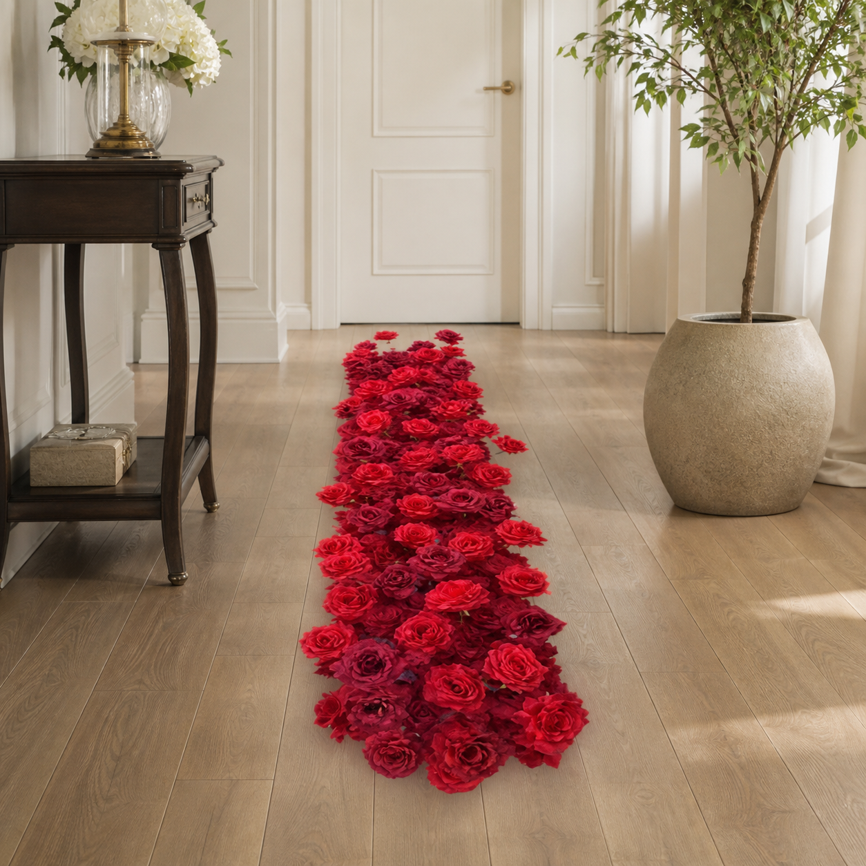 Red rose aisle runner laid down a wood-floored hallway